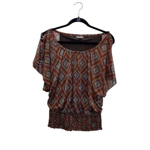 Roz & Ali Brown blend Print flowy gathered bottom blouse - Picture 1 of 6